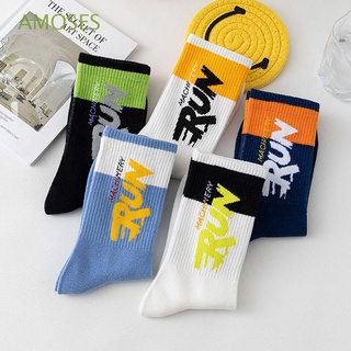 AMOSES Casual Letter Patterned Socks Comfortable Male Hosiery Middle Tube Socks Sport Stripe Female Harajuku Breathable Hip Hop Couple Socks/Multicolor