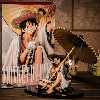 Anime de una pieza paraguas sentado Luffy Top batalla blanco Kimono Ver PVC figura coleccionable modelo de juguete