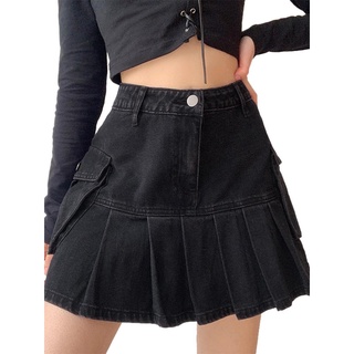Hind-mujer Mini falda de mezclilla plisada, estilo Punk cintura alta Color sólido una línea falda corta (5)