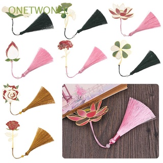 ONETWONEE New Brass Bookmark Stationery Painted Book Clip Lotus Leaf Hollow Tassel Metal Retro Chinese Style Pagination Mark