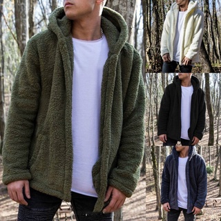 Men\S Autumn And Winter Casual Solid Color Hooded Jacket Plush Warm Coat Jacket