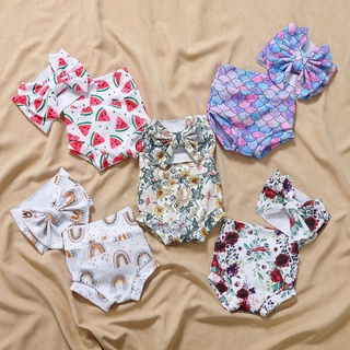 2 piezas de bebé bebé impresión de verano pantalones cortos conjunto de pantalones cortos arco pelo banda kit