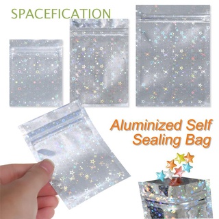 spacefication 20pcs stand up bolsa de plástico estrella láser bolsas de almacenamiento de alimentos mylar bolsa de bloqueo de cremallera de papel de aluminio holograma a prueba de agua a prueba de agua 3 tamaños cremallera bolsas reclosables