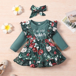 ✮Gb☾Conjunto de ropa de bebé niñas, impresión de letras de manga larga O-cuello mameluco+falda liguero con estampado Floral+diadema