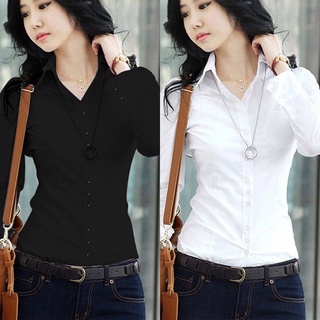 [michael]mujer manga larga camisa blanca botón oficina carrera Formal Slim (1)