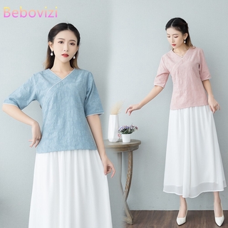 M-3xl más el tamaño Retro azul rosa lino de algodón verano Han Fu ropa tradicional para las mujeres Hanfu Tops blusa disfraz