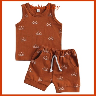 conjunto de ropa de verano de bebé niño con estampado de sol sin mangas 2pc camiseta y pantalones cortos