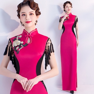 rosa rojo estilo chino novia tostadas rendimiento y mostrar etiqueta de pasarela anfitrión vestido de novia y cheongsam venta al por mayor