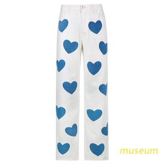 muse mujeres harajuku cintura alta blanco jeans azul corazón impresión contraste color denim pantalones casual suelto pierna recta pantalones