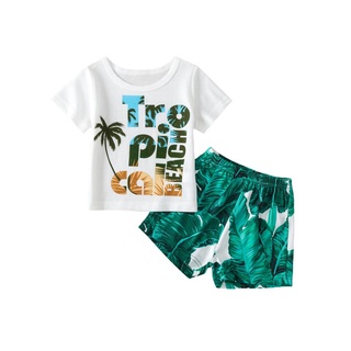 Demq-Baby camiseta y pantalones cortos conjunto de letras frescas de manga corta Tops y coco árbol de impresión pantalones cortos