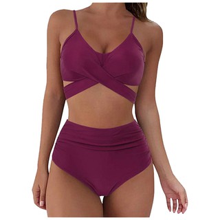 conjunto de traje de baño sexy de color sólido vendaje de cintura alta split bikini para mujer (2)