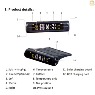 Sistema de monitoreo de presión de neumáticos de coche inalámbrico TPMS solar con 4 sensores externos (2)