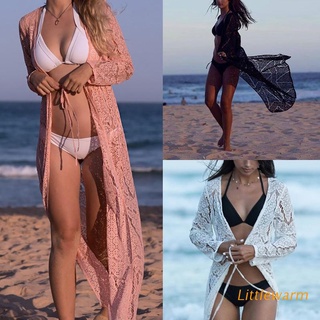 LIT mujeres largo ganchillo playa traje de baño Bikini cubrir túnica de encaje Cardigan delgado hueco