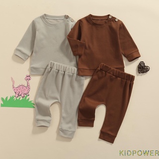 Kprq-Baby camiseta Casual y pantalones conjunto de moda Color sólido Tops de manga larga y pantalones largos