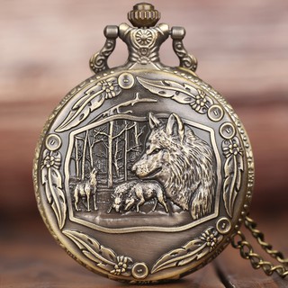 Antiguo lobo patrón mujeres hombres niño cuarzo bolsillo reloj colgante cadena regalo
