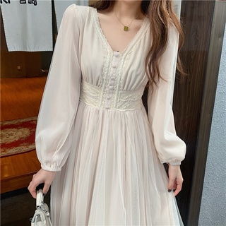 v-collar vestido francés elegante tul falda princesa estilo de las mujeres de otoño ropa de hadas vestido largo vestido de cintura recorte