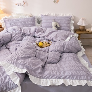 Princesa ins feng shui falda de cama de algodón lavado de cuatro piezas de algodón cama de algodón puro de tres piezas dormitorio de encaje ropa de cama funda de edredón púrpura