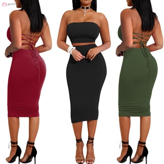 Summer Women 2 Pieces Set Off Shoulder Crop Tops Skirts Bandage Backless Party Club Bodycon Outfits