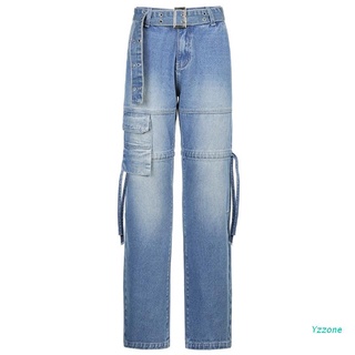 yzz Women High Waist Straight Baggy Jeans Multi Pockets Gradient Blue Denim Pants