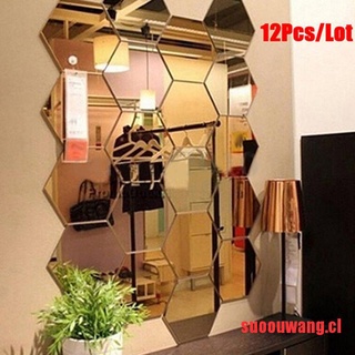 (SU*HOT)12Pcs Hexagonal Frame Stereoscopic Mirror Wall Sticker Decoration