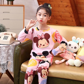 Dormir ropa conjunto Baju Tidur Simple de manga larga pijamas de dibujos animados impreso O-cuello pijama ligero de las niñas mayores de algodón ropa de sueño