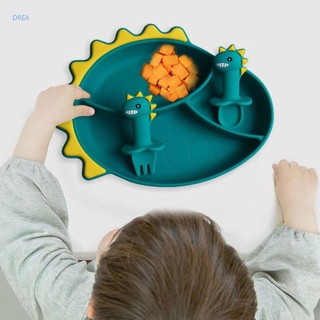 Drea bebé entrenamiento alimentación tazón de alimentos antideslizante de dibujos animados dinosaurio de silicona succión dividida plato bandeja utensilios de cocina sin BPA platos vajilla para niños pequeños bebés