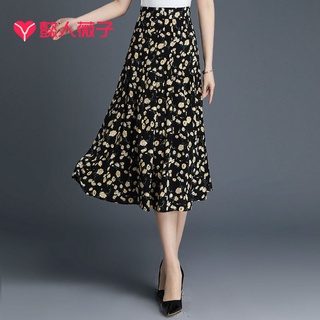 Falda de media longitud falda plisada gasa floral una línea de falda drapeado suelto falda de cintura alta de longitud media (3)