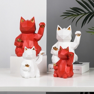 resina europea gato de la suerte artesanía mesa de oficina animal figura geométrica maneki neko adornos decoración del hogar