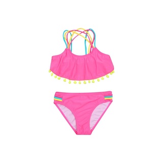 ☀Sun❤Niños Split traje de baño conjunto, niñas sin mangas sin espalda O-cuello Bikini con borlas de bola + bragas para el verano (8)