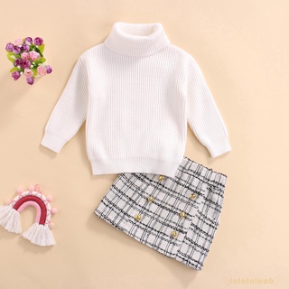 Laa6-2 piezas bebé Casual niñas Color sólido manga larga suéter cuello alto + falda a cuadros con botones