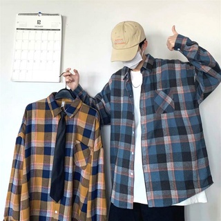Los hombres de manga larga camisa para los hombres Turn-down cuello Unisex cuadros Causal camisa más el tamaño Tops estilo coreano Vintage suelto Shi