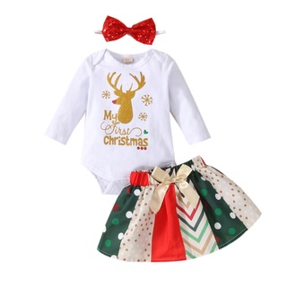 ◑Vt☏3pcs bebé niñas traje de navidad, letra impresión mameluco de manga larga + falda de empalme + diadema para niño, 0-24