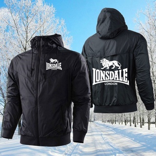 Nueva moda Lonsdale Logo Outwear cremallera cortavientos hombres impermeable chaqueta con capucha abrigo Patchwork invierno