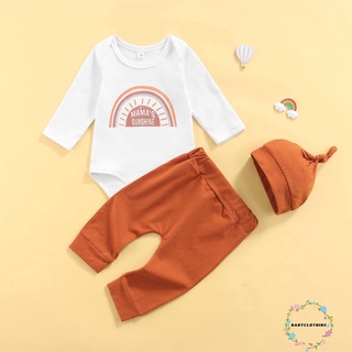 Bbcq-3 piezas trajes casuales para bebé, arco iris y letras de impresión de manga larga cuello redondo pijama + pantalones de Color sólido + gorra anudada