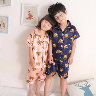 Ruiaike verano bebé ropa de dormir traje niños niñas manga corta oso satén camisetas + pantalones pijamas casa conjunto