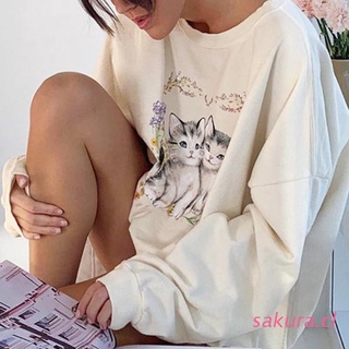sakura mujeres otoño manga larga cuello redondo sudadera lindo gatito pequeño floral impreso jersey túnica tops harajuku de gran tamaño suelto casual streetwear