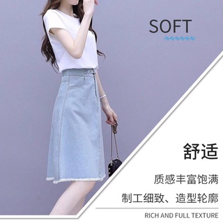 2020 verano nuevo estilo coreano pequeño traje fresco falda estilo occidental reducción de edad cintura alta falda de mezclilla de gran tamaño de dos piezas traje (8)