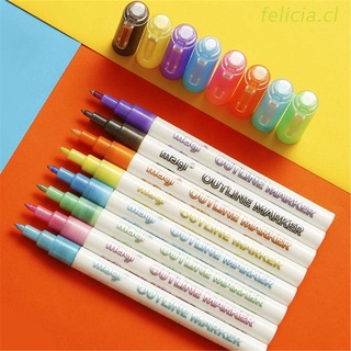 felicia Self-outline Metallic Markers, 8pcs Double Line Pen BuIIet Journal Pens & Colored Permanent Marker Pens for Kids, Adults, Amateurs and Professionals Illustration Coloring Sketching Card Making