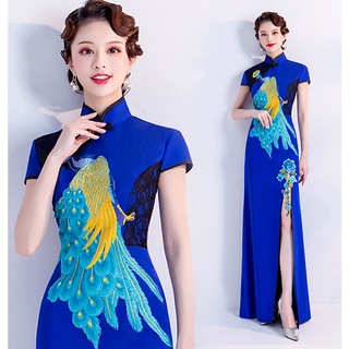 azul estilo chino novia tostadas rendimiento y mostrar etiqueta de pasarela anfitrión vestido de novia y cheongsam venta al por mayor 2262
