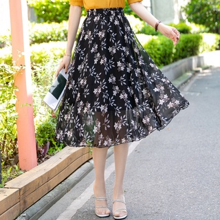 Falda de gasa falda de una línea floral femenina falda de longitud media falda plisada pequeña alta