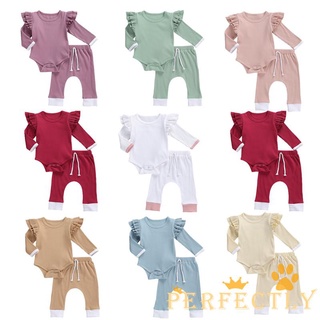 Pft7-Zz Baby Fall Knit trajes conjunto, manga larga cuello redondo volantes mameluco + pantalones largos conjunto
