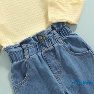 Rainbow-2 piezas de trajes de Color sólido para bebés, niñas de manga larga cuello redondo jersey + pantalones vaqueros de dobladillo crudos deshilachados con bolsillos (7)