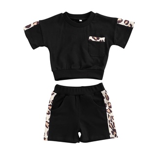 Txt-Set Casual de camiseta y pantalones cortos de moda leopardo costuras de manga corta Tops y pantalones cortos