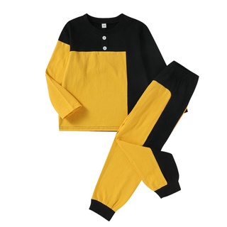 ☆Como✿Conjunto de ropa de Color de contraste para niños, camiseta de manga larga con botones y pantalones elásticos