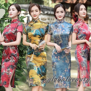 Gb-Mujer paisaje impresión Cheongsam, estilo chino manga corta lado dividido vestido de cuello alto para el verano (1)