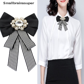 Smallbrainssuper Classic Striped Canvas Print Bow Pearl Brooch Bow Tie Women's Shirt Jewelry SBS