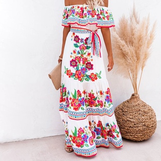 fupsne Summer Dress Floral Print High Waist Female Ladies Horizontal Shoulder Dress for Party