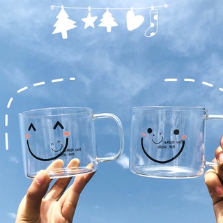 350ml de vidrio fresco taza de agua sonriente cara taza de bebidas café taza de té con mango taza de oficina resistente al calor taza