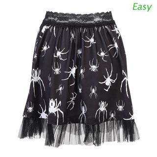 Easy mujer gótico Punk araña impresión negro Mini falda plisada elástica encaje cintura alta malla volantes dobladillo Harajuku Streetwear