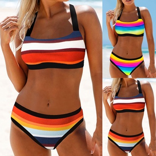 Bikini rayado con arcoíris Cintura Alta Moda verano de playa (Bsefts.Br)